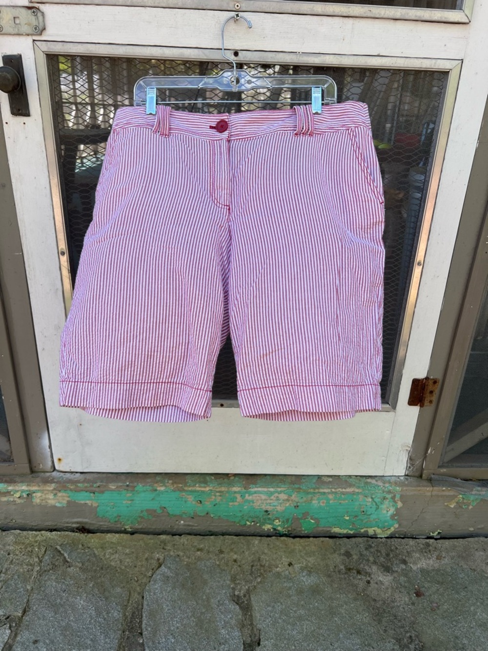 LOFT Red and White Striped Seersucker Bermuda Shorts